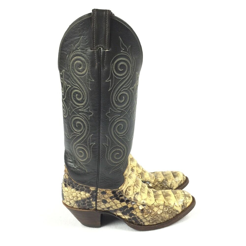 Vintage Justin Boots Snakeskin Leather Cowboy Size 7 B Womens Brown Yellow Snake